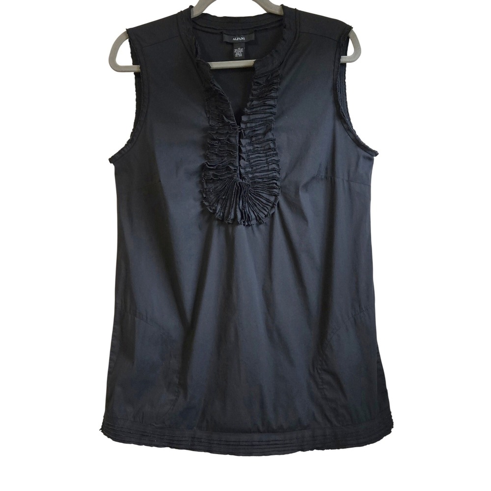 Alfani Women's Whimsygoth Black Ruffle V-Neck Sleeveless Blouse Size 10 Cotton
